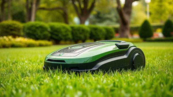 Robotic lawn mower demonstrating innovative lawn care techniques.