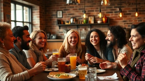 Group of friends dining at a restaurant, discussing food quality loyalty driver.