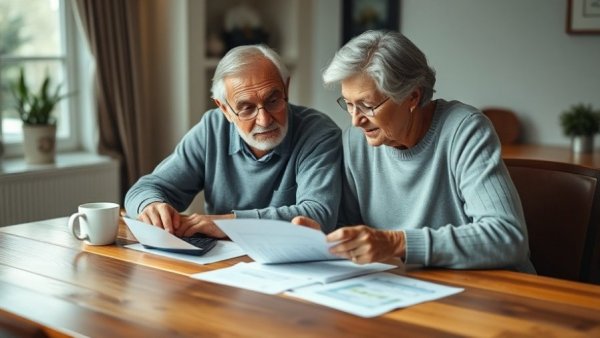 Elderly couple reviewing finances, discussing Social Security.