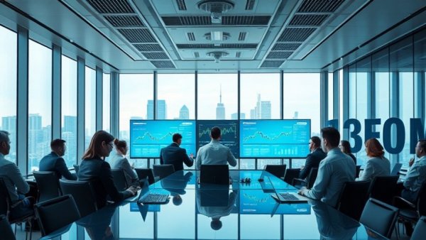 Professionals discussing Asset Management Solutions in modern office.