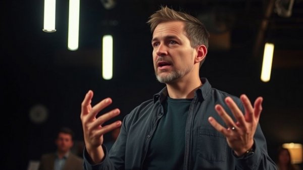Casual man explaining in a dark setting using hand gestures.