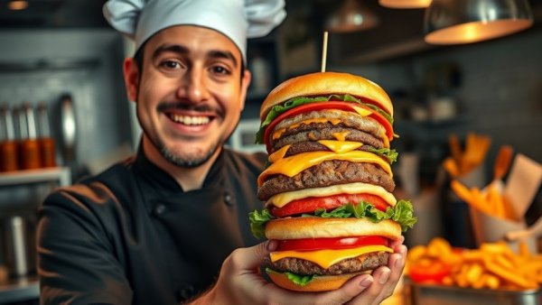 David Burke NYC Kitchen chef with gourmet tall burger.
