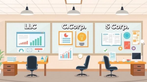 Comparison of LLC, C Corp, and S Corp with business graphics.