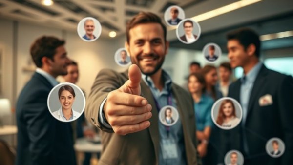 Engaging man in digital network scene, lawncare networking success.