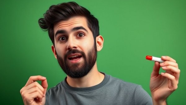 Young man enthusiastically discussing a topic in a studio with a green background.