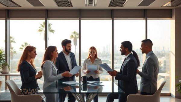 Professionals discuss business loans in California at office meeting.