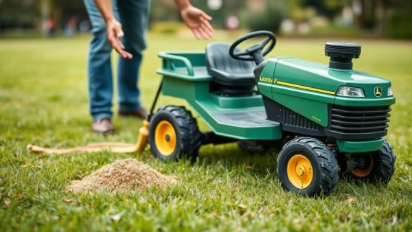 Aeration and topdressing process explained near a green tractor.