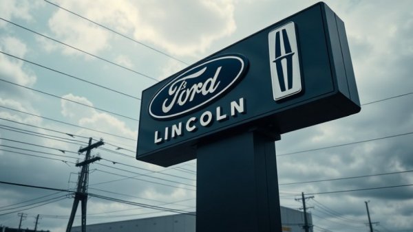 Ford and Lincoln dealership sign with cloudy sky backdrop.
