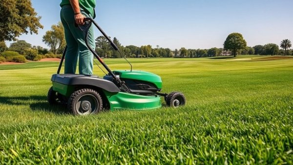 Lawnmower mowing grass on a golf course during daytime, perfectly synchronized.