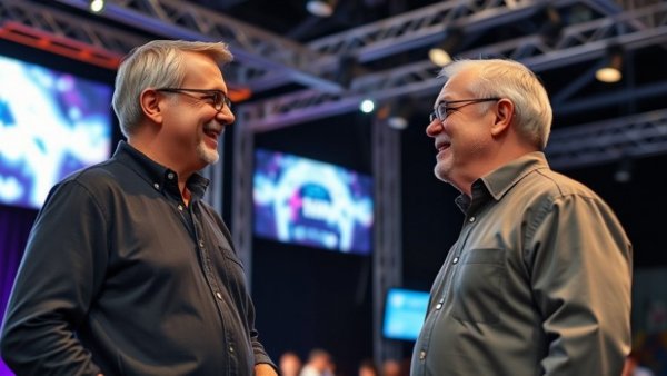 Men discussing AI in automotive retail on event stage.