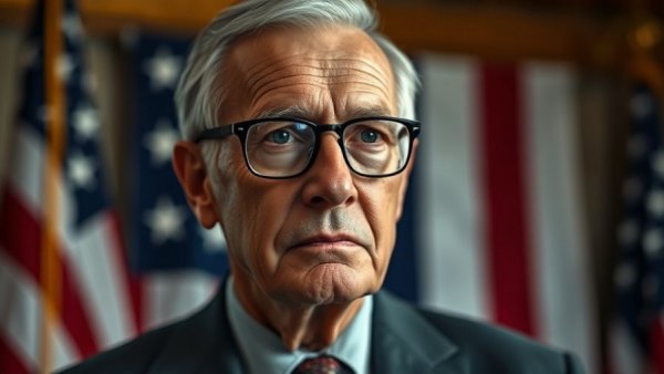 Distinguished older man in pinstripe suit, focused in studio with American flag.