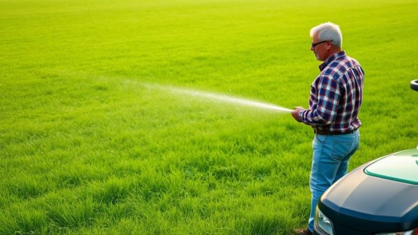Man explains lawn spray technique to prevent overlap, lush green lawn, spray lines.
