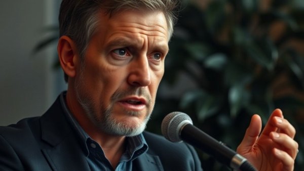 Serious man discusses fact-checking business advice using a microphone.