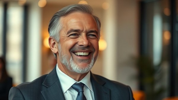 Middle-aged man smiling indoors, soft lighting.
