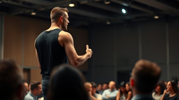 Muscular man delivering a speech on stage, $1M $3M year challenge.