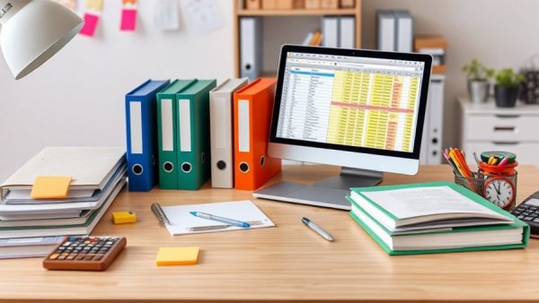 Organizing employee files with labeled binders and laptop.