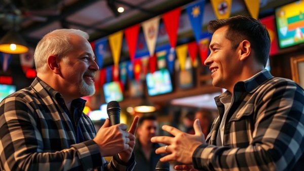 Discussion on restaurant strategies during World Cup in vibrant sports bar.