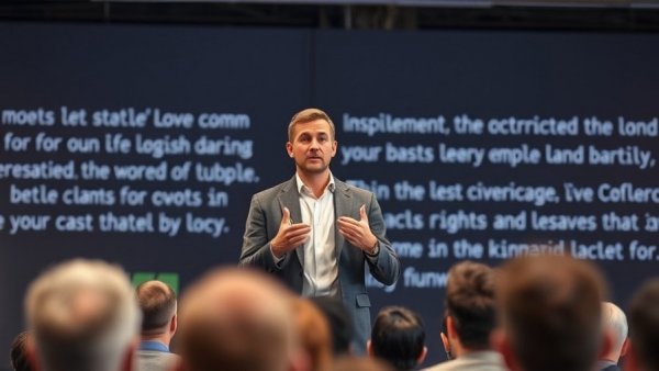 Casual man giving a speech with text backdrop at conference.