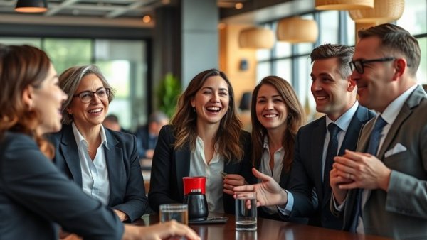 Business professionals engaged in dining discussion, growth engine.