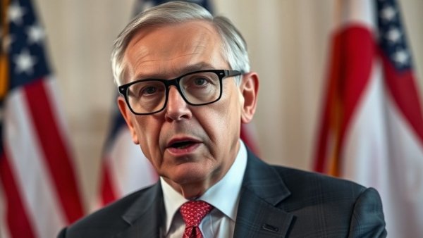 Serious older man discussing with patriotic flag background.