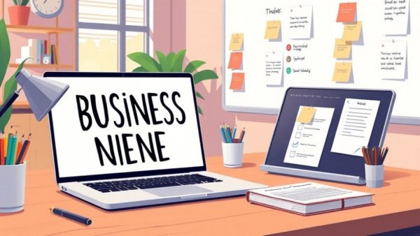Choosing a Company Name for Your Sole Proprietorship; brainstorming setup with laptop, board, and notes.