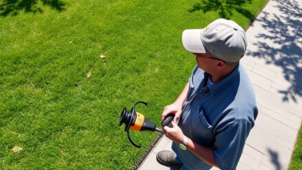 Person explaining string trimmer guard usage in garden