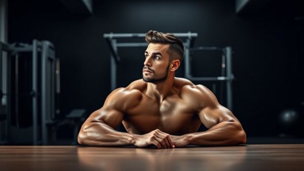 Muscular man seated thoughtfully in gym, contemplating actions.