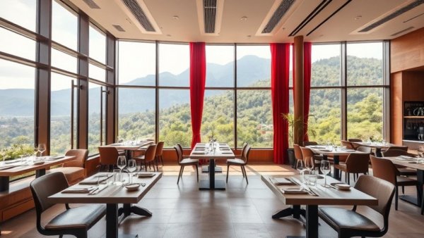 Modern restaurant with panoramic windows, elegant settings, natural view.