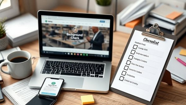 Workspace with laptop and checklist for background checks for small businesses