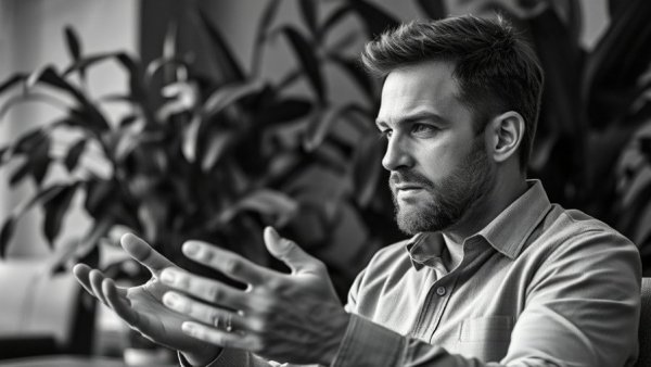 Focused man discussing office cost-cutting strategies in black and white setting.