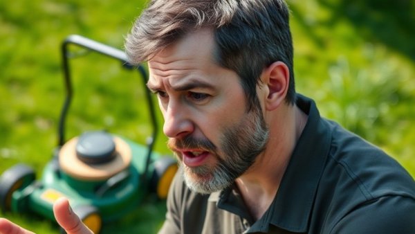 Man discussing hidden costs of lawn care business, mower background.