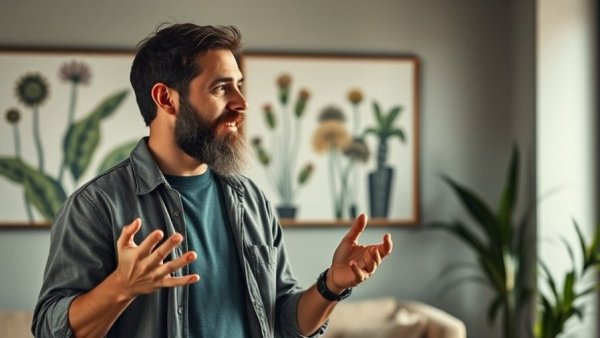Casual bearded man explaining gestures in indoor setting.