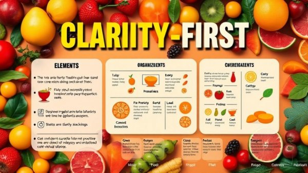 Stylized infographic on clarity-first menu design with vivid visuals.