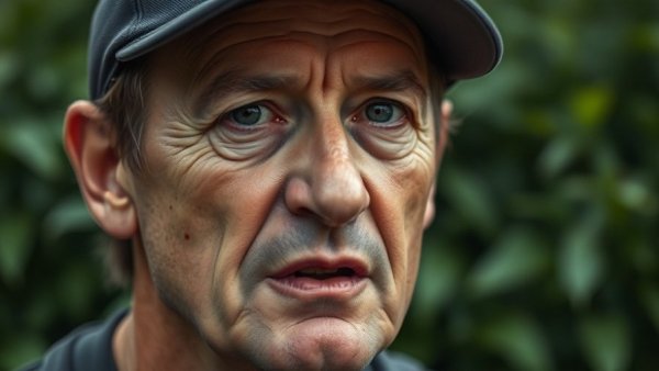 Man in cap discussing indoor grass care, close-up view.