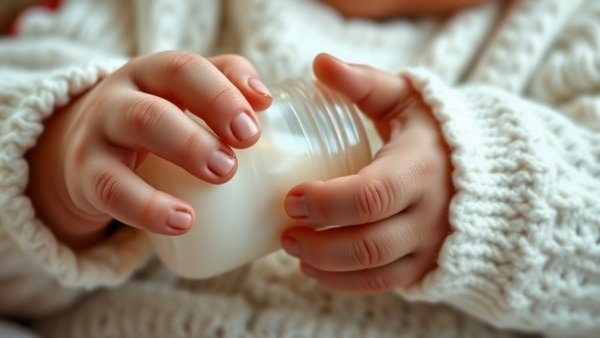 Baby drinking milk from bottle in cozy light