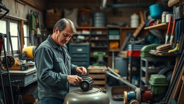 Young man in a garage using lawn transformation equipment.