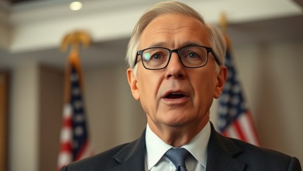 Older male in a suit with an American flag background discussing Trump Iran capabilities.