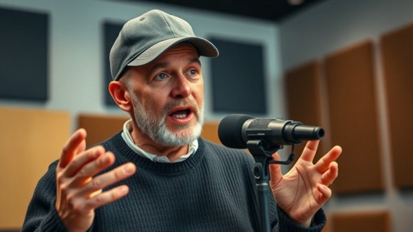 Expressive man speaking into a microphone in studio, discontent.