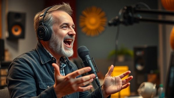 Man discussing time management in a vibrant studio setting.