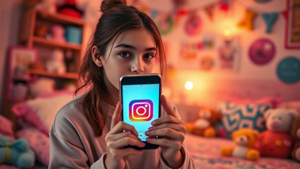 Teen checking Instagram on phone in pink-lit room with decor.
