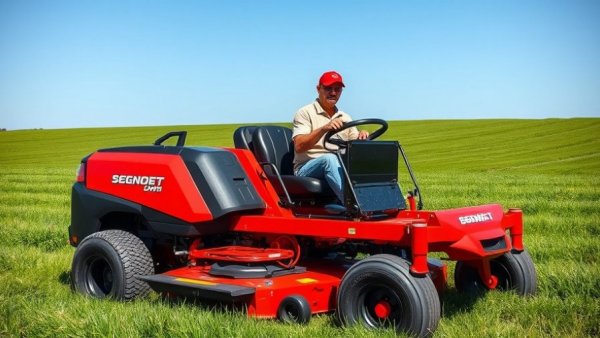 Lawn mower with larger cutting deck in action on green field.