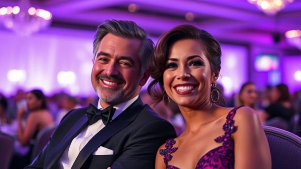 Elegant couple smiling at a formal event, highlighting Lauren Sánchez Bezos climate fund.