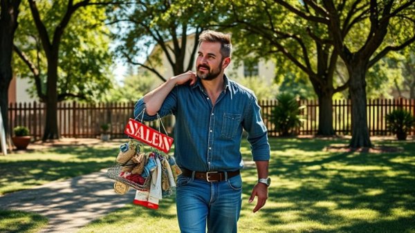 Supporting the original hustle: Man at outdoor yard sale on a sunny day.