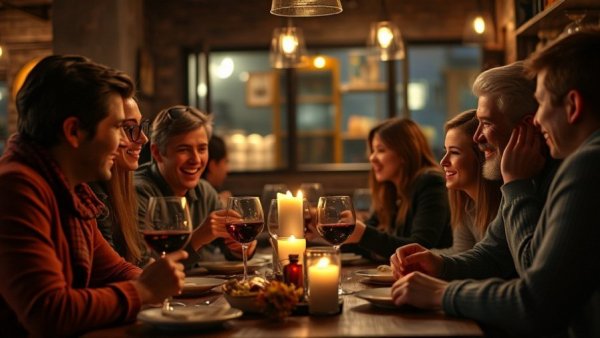 Group dining in cozy restaurant setting, vibrant conversation.