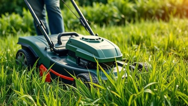 ASMR Lawn Care Technology: Mower in a serene grassy setting.