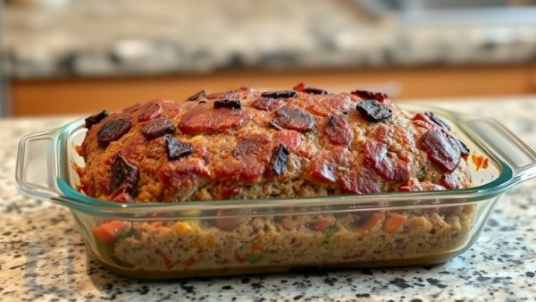 Freshly baked meatloaf in glass dish on countertop, related to frozen meatloaf recall undeclared soy.