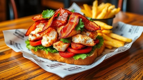 Gourmet Lobster BLT sandwich with chips on a restaurant table.
