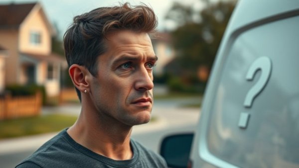 Pensive man considering rebranding of a van on suburban street.