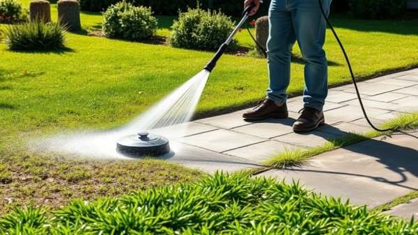 Pressure washing a concrete path in a landscaped garden.