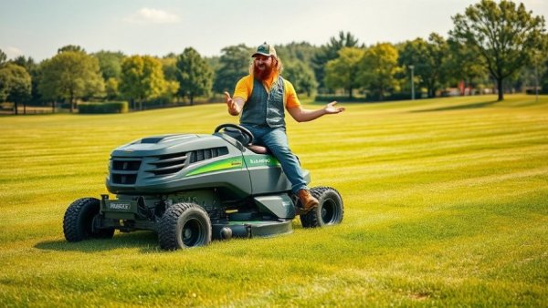 Lawn care employee showcasing equipment, promoting commitment.